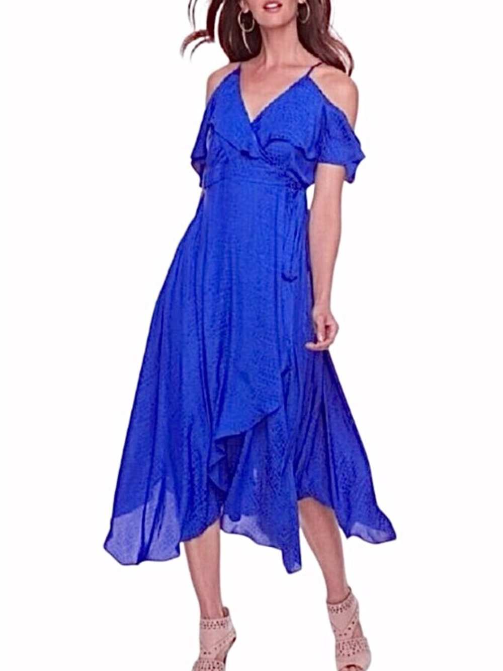 NWT Jennifer Lopez Wrap Dress Ruffle Cold Shoulder Silky JLo Asymmetric Gift